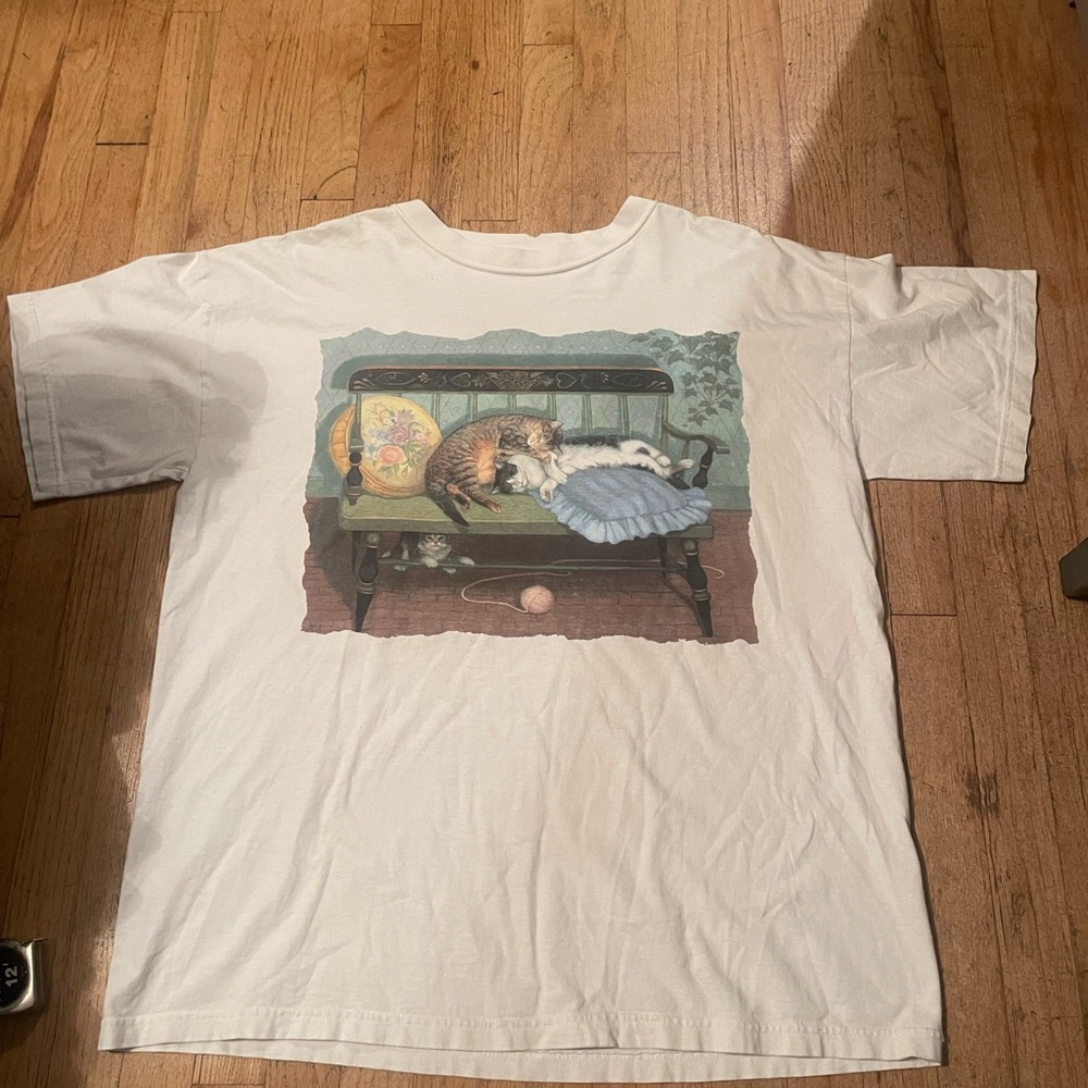 White T-Shirt with Cat Print